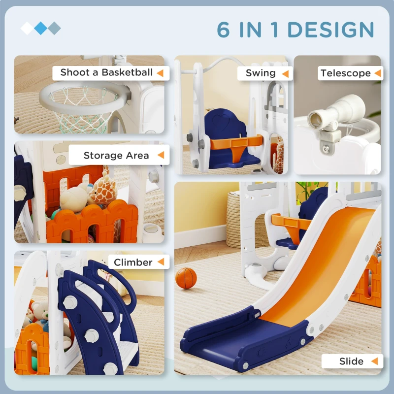 Qaba 6-in-1 Slide and Swing Set Baby Swing Playset Indoor with Basketball Hoop, Climber, Storage Space, Telescope, Orange
