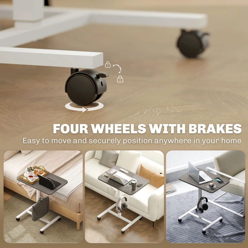 HOMCOM Height Adjustable Standing Desk, Pneumatic Sit Stand Desk with Wheels and Headphone Hook, Grey Wood Grain