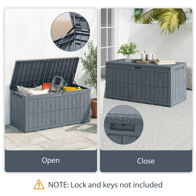 Outsunny 100 Gallon Resin Deck Box, Waterproof Lockable Outdoor Storage Box with Pneumatic Gas Rods, Side Handles