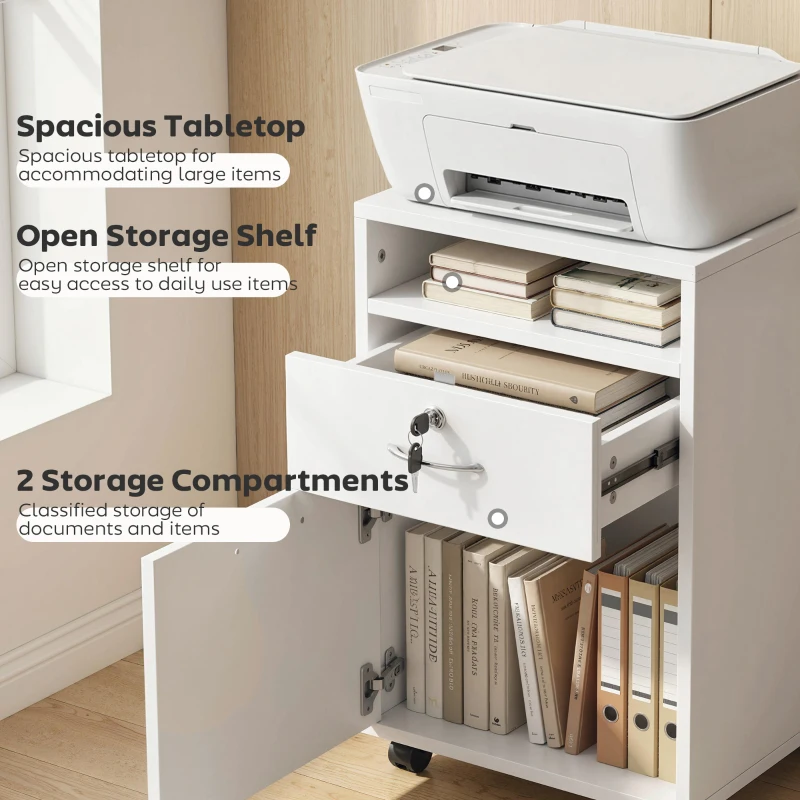 HOMCOM 24" Vertical Filing Cabinet with Lockable Drawer, Mobile File Cabinet with 2 Keys, Wheels for Home Office, White