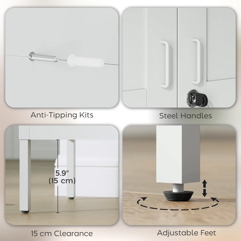 HOMCOM Office Storage Cabinet, Lockable Filing Cabinet with 3 Adjustable Shelves and 2 Doors for Home Office, Garage, White