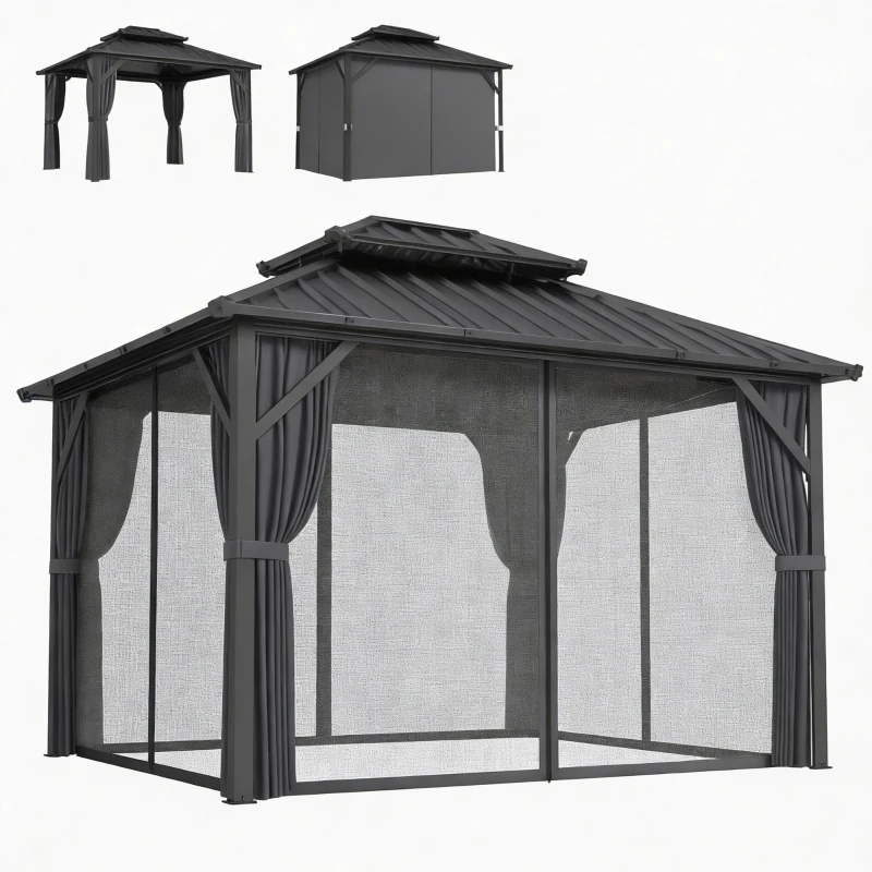 Outsunny 10' x 12' Hardtop Gazebo Canopy with Double Galvanized Steel Roof, Aluminium Frame Permanent Outdoor Gazebo, Dark Grey