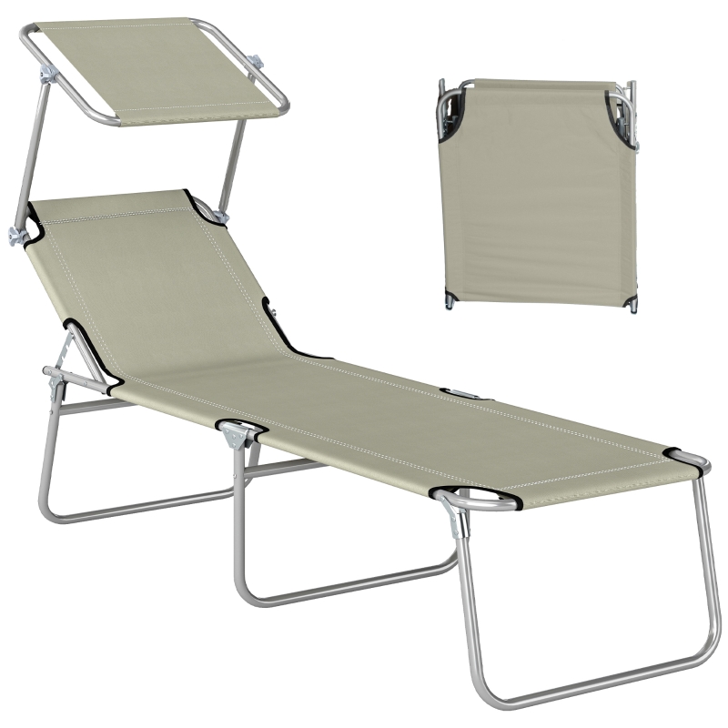 Outsunny Outdoor Pool Chaise Lounge Chair, Folding Tanning Chair with Sun Shade, Cream White