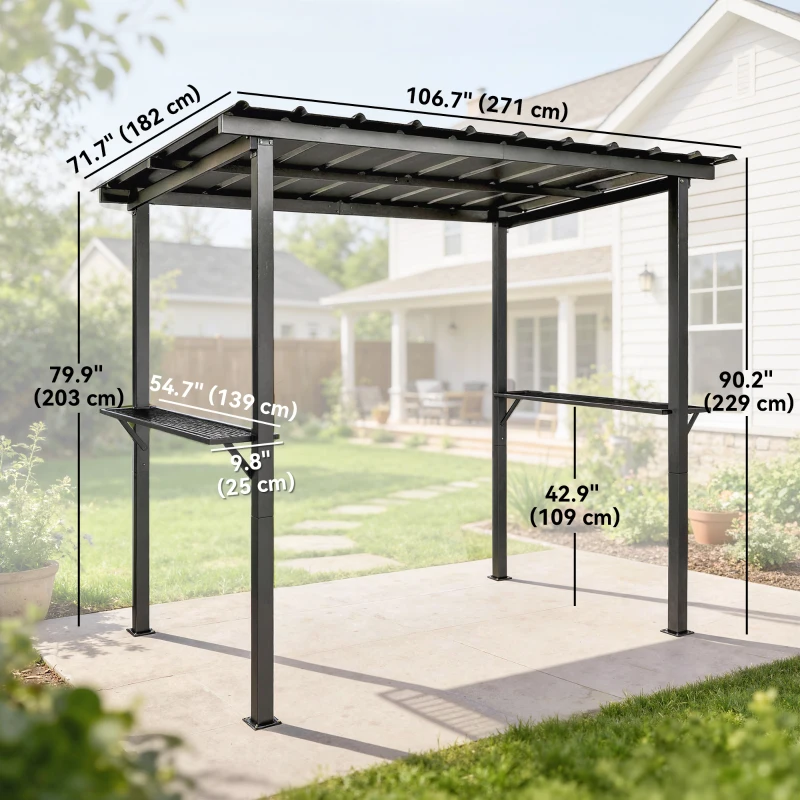 Outsunny 9' x 6' Hardtop Grill Gazebo, BBQ Gazebo with 2 Side Shelves and Galvanized Metal Slope Roof, Black