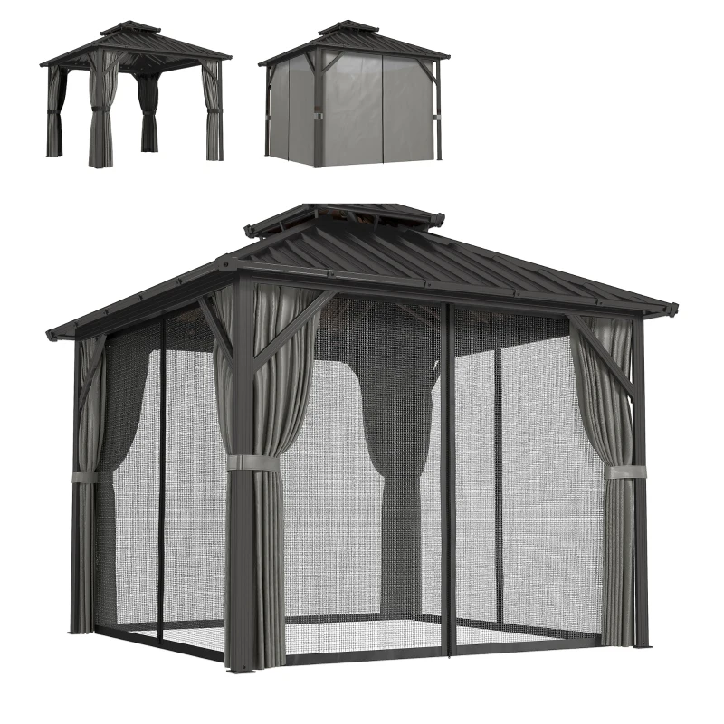 Outsunny 10' x 10' Hardtop Gazebo Canopy with Double Galvanized Steel Roof, Aluminium Frame Permanent Outdoor Gazebo, Dark Grey