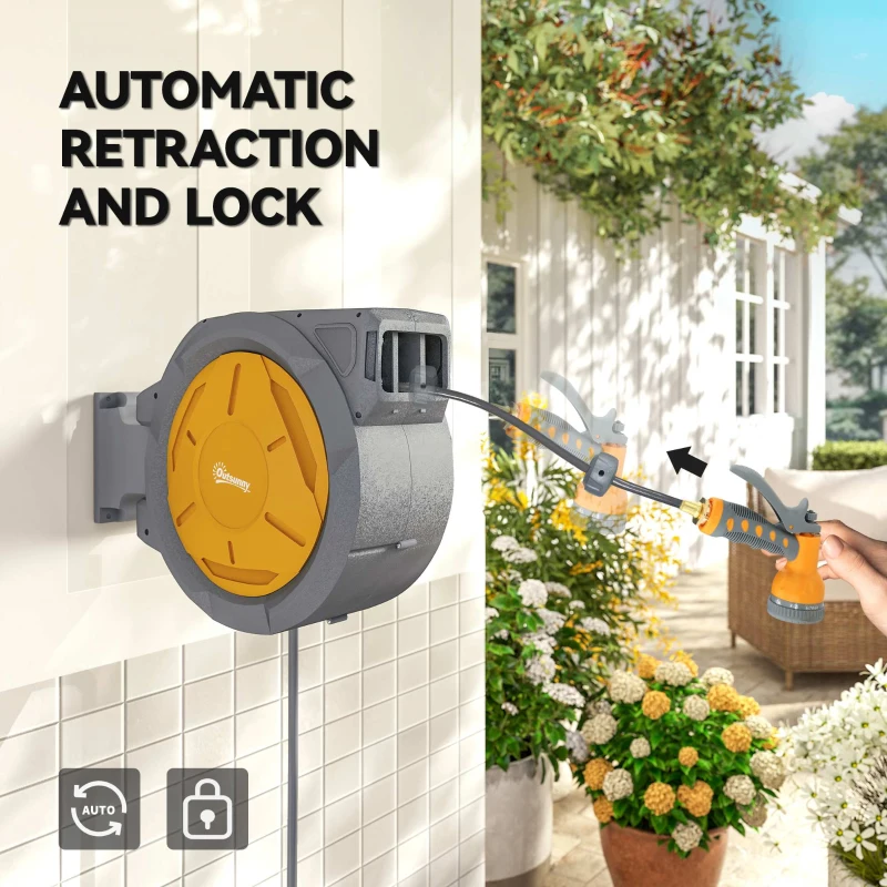 Outsunny 1/2 in x 100ft Wall Mounted Garden Hose Reel, Retractable Water Hose Reel with Auto Rewind, Any Length Lock, Orange