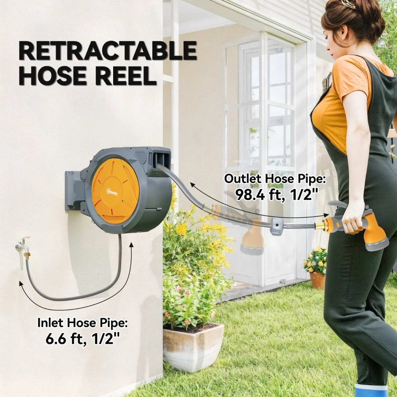 Outsunny 1/2 in x 100ft Wall Mounted Garden Hose Reel, Retractable Water Hose Reel with Auto Rewind, Any Length Lock, Orange