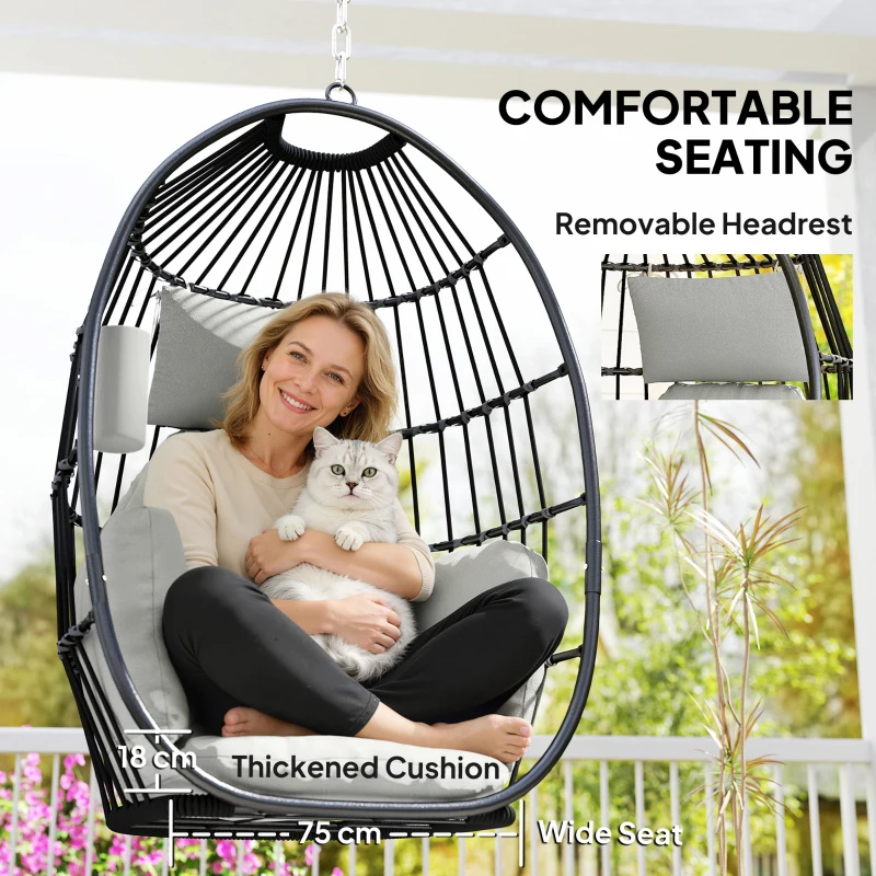 Outsunny Hanging Egg Chair Without Stand, Foldable Basket Swing Chair with Head Pillow, Soft Cushion and Cup Holder, Dark Grey