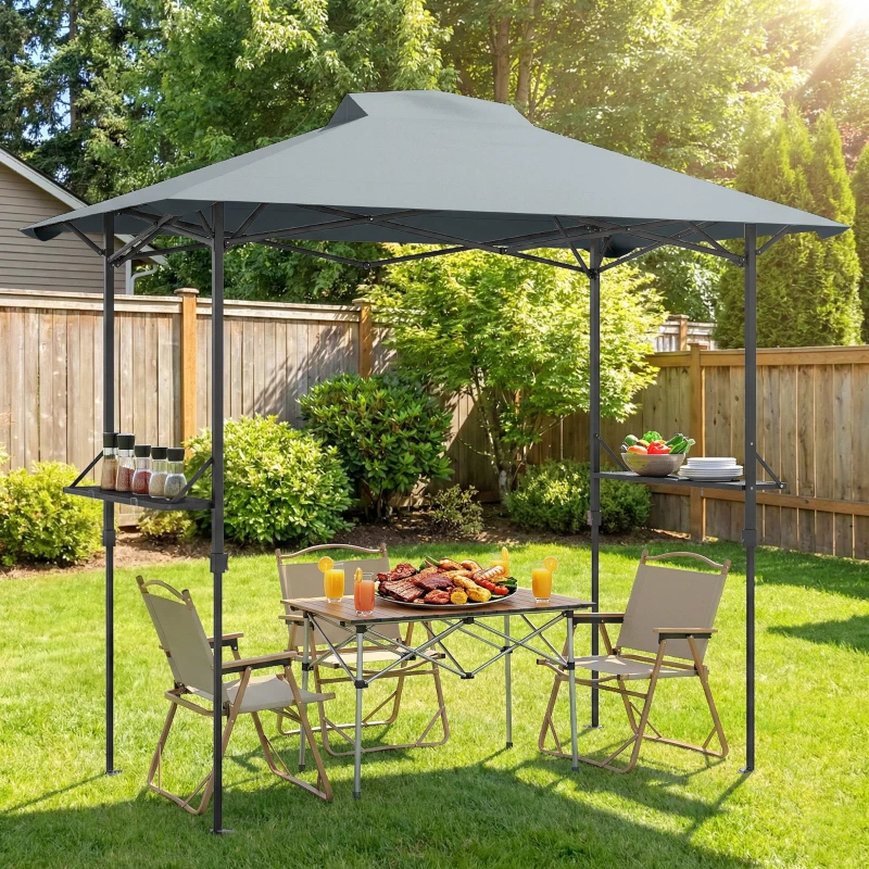 Outsunny 5 x 8.5 ft Pop Up Grill Gazebo with 2 Shelves, UPF 50+ Outdoor Instant Canopy Portable Shelter with Carry Bag, Dark Grey