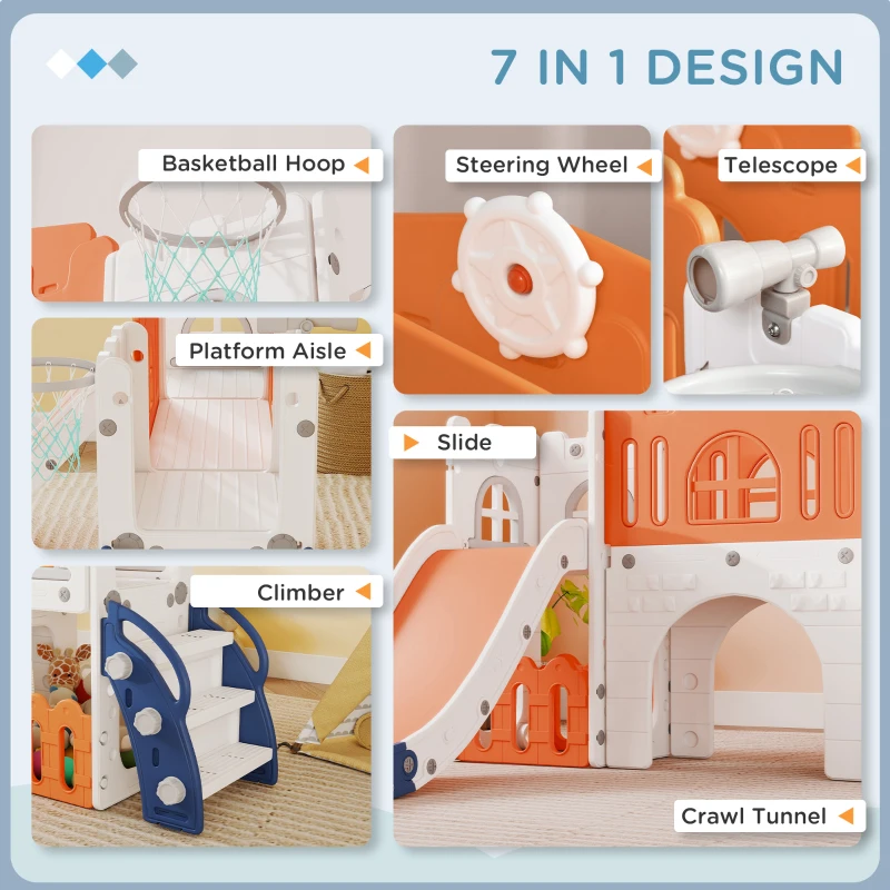 Qaba 7 in 1 Toddler Slide with Basketball Hoop, Climber, Telescope, Tunnel, Steering Wheel, for 1-3 Years, Orange