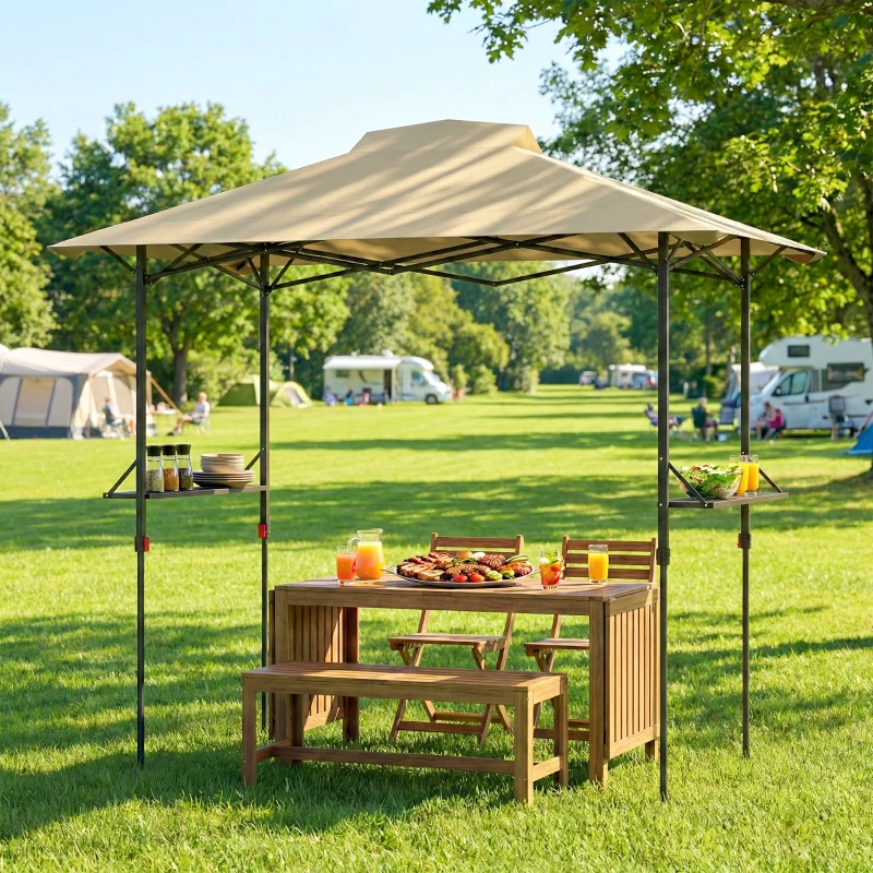 Outsunny 5 x 8.5 ft Pop Up Grill Gazebo with 2 Shelves, UPF 50+ Outdoor Instant Canopy Portable Shelter with Carry Bag, Khaki