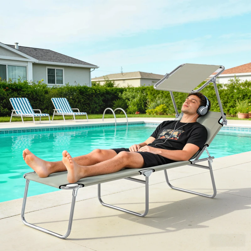 Outsunny Outdoor Pool Chaise Lounge Chair, Folding Tanning Chair with Sun Shade, Cream White