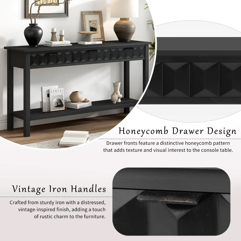 Modern Entryway Table with Bottom Open Shelf and Iron Handles, Multi-Functional Console with Wide Surface, 60'' L x 15.5'' W x 31'' H, Black