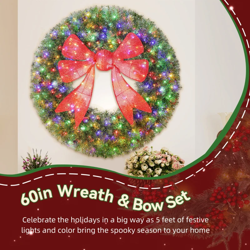 HOMCOM 60in Pre-Lit Christmas Wreath with 3D Red Bow, 11 Lighting Modes, Front Door Christmas Wreath with Remote