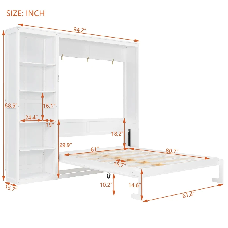 Queen Size Murphy Wall Bed with Reversible Shelf and Flexible Slat, Fold-Away Cabinet with 5-Tier Storage, 94'' L x 82'' W x 88.5'' H, White
