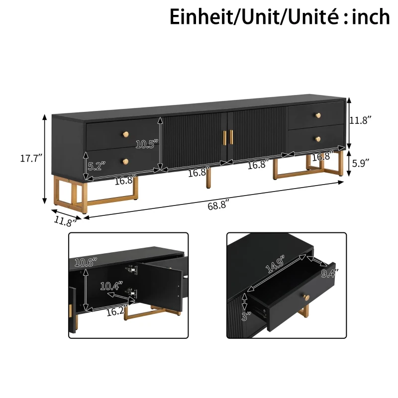Modern TV Cabinet with Textured Doors, 4 Drawers & 2 Cabinets, Solid TV Stand with Metal Handles and Legs, 69'' L x 12'' W x 17.5'' H, Black