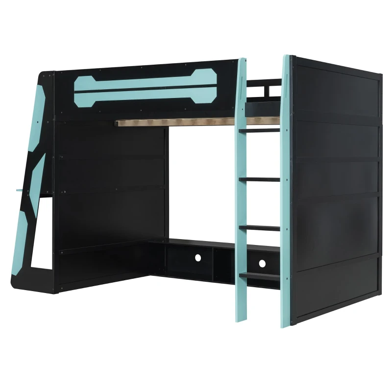 Full Size Wood Loft Bed with Integrated Desk and RGB Lighting, Esports-Style Bed with Multi-Tier Shelves, 93.5'' L x 55.5'' W x 65'' H, Blue
