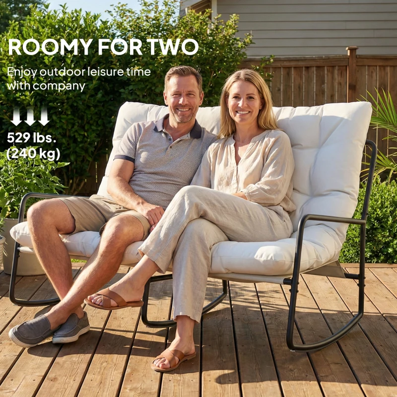 Outsunny 2-Person Outdoor Rocking Chair, Rocking Outdoor Bench with Cushions and Mesh Seat, 528 LBS Capacity, Light Grey