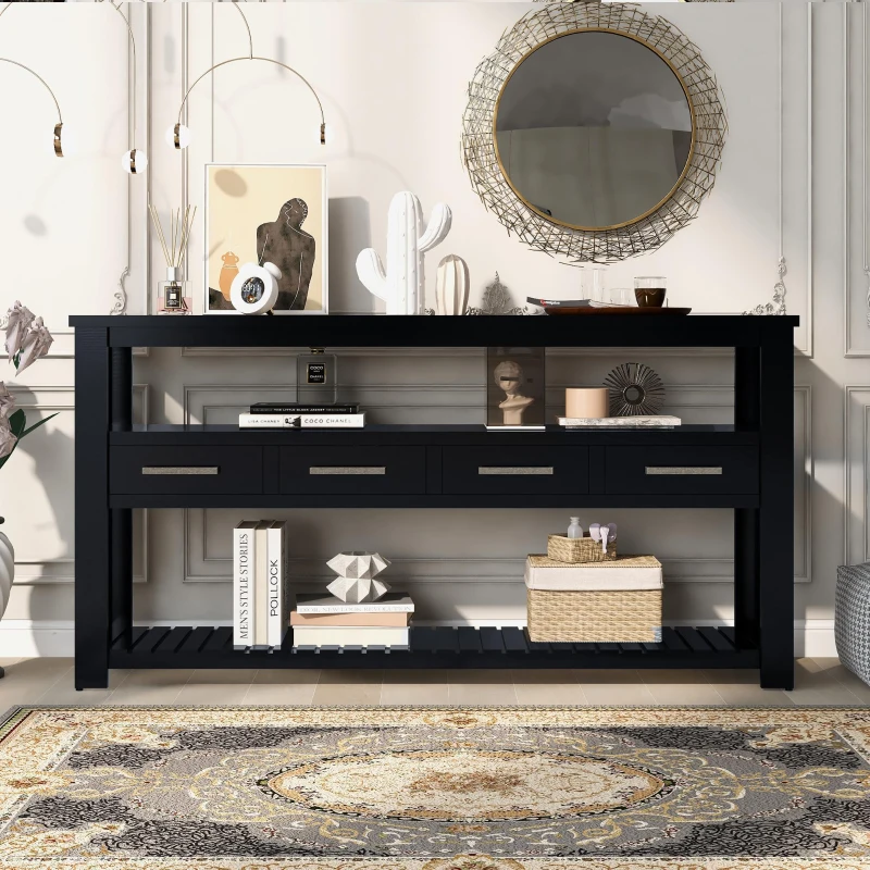 Large Entryway Console with 4 Drawers and 3-Tier Shelves, Sturdy Table with Metal Handlesand Adjustable Feet, 62'' L x 14'' W x 32'' H, Black