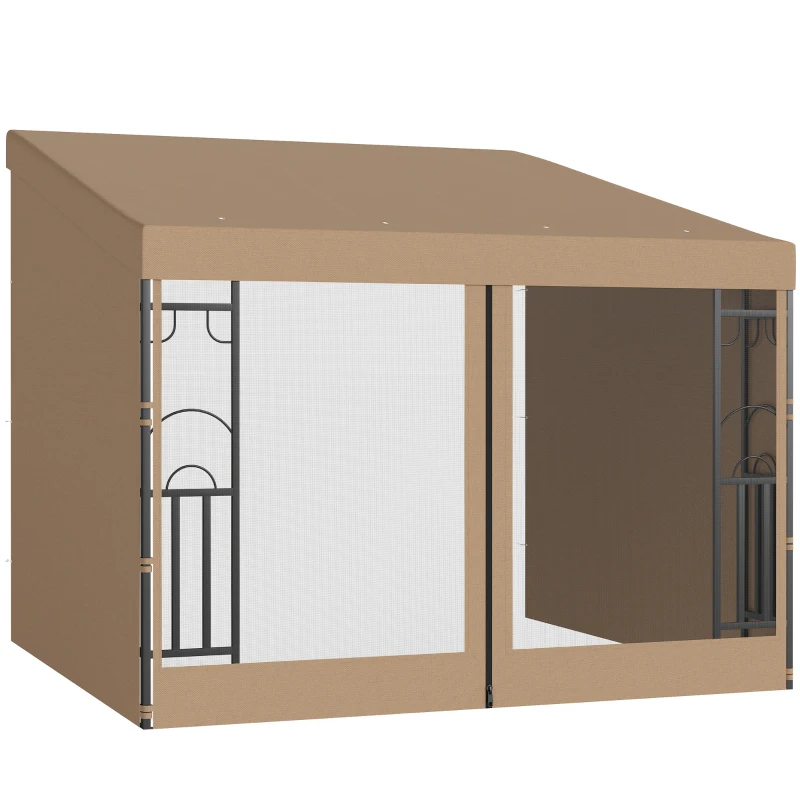 Outsunny 10' x 10' Wall Pergola, Outdoor Gazebo with 2 Curtains and 2 Nettings, UV Resistant, for Patio, Deck, Khaki