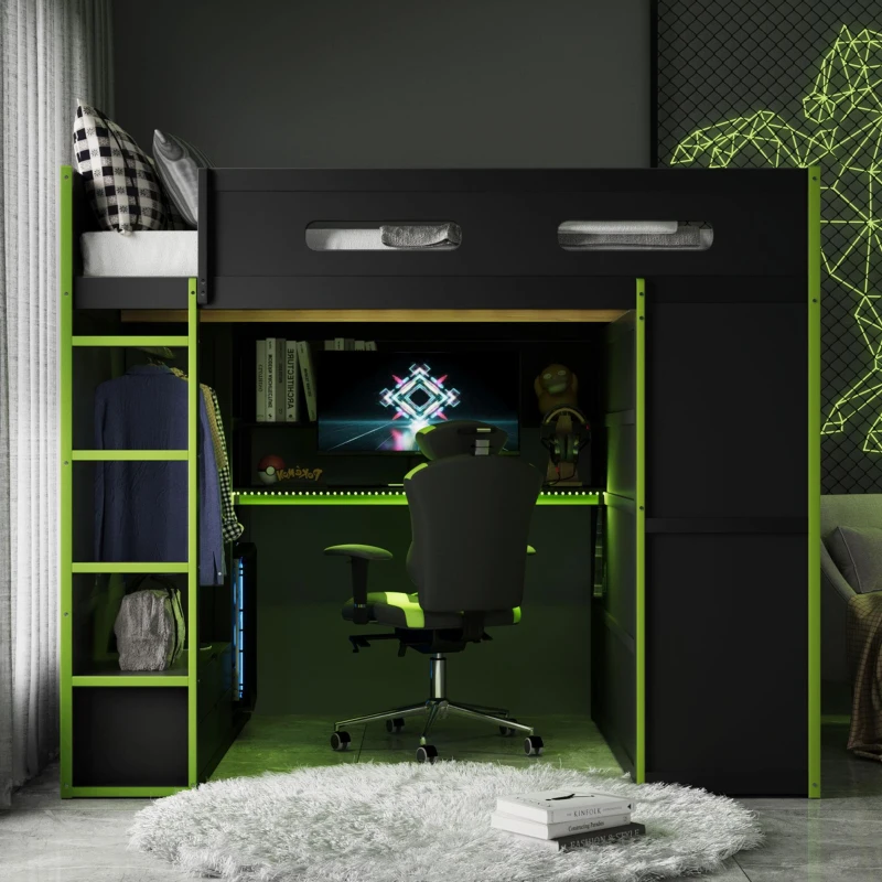 Full Size Wood Loft Bed with Built-In Desk and Gaming Station, Sturdy Bed Frame for Gamers and Multitaskers, 78.5'' L x 56.5'' W x 65'' H, Green