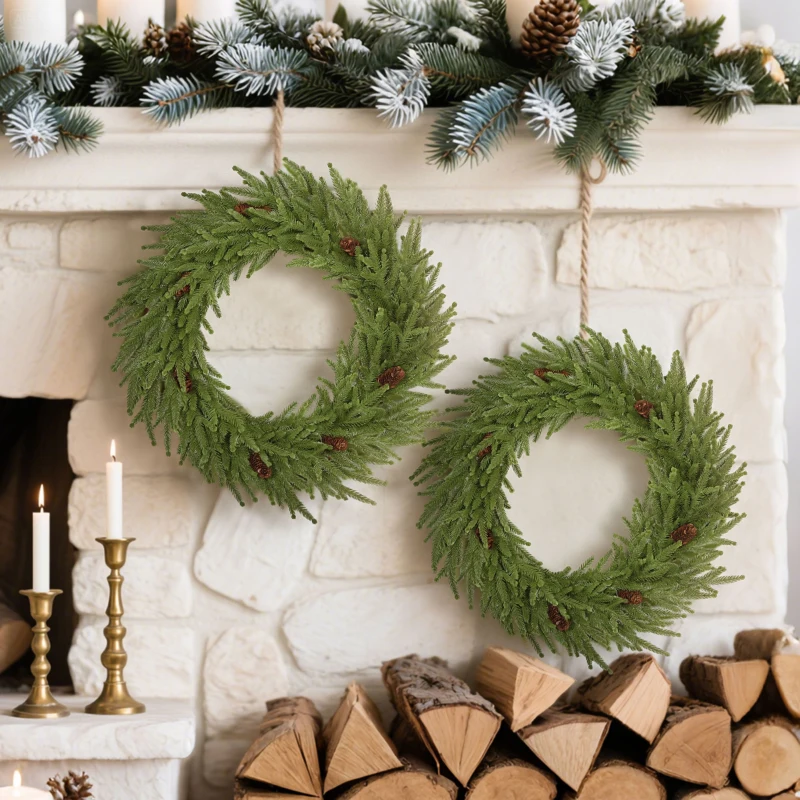 HOMCOM 24 inch Christmas Wreath, Artificial Norfolk Pine Wreath with Pine Cones and 88 Realistic Branches for Door, Wall