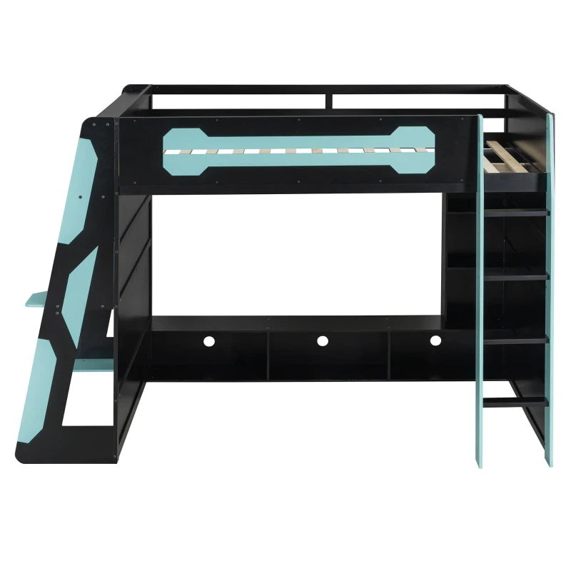 Full Size Wood Loft Bed with Integrated Desk and RGB Lighting, Esports-Style Bed with Multi-Tier Shelves, 93.5'' L x 55.5'' W x 65'' H, Blue
