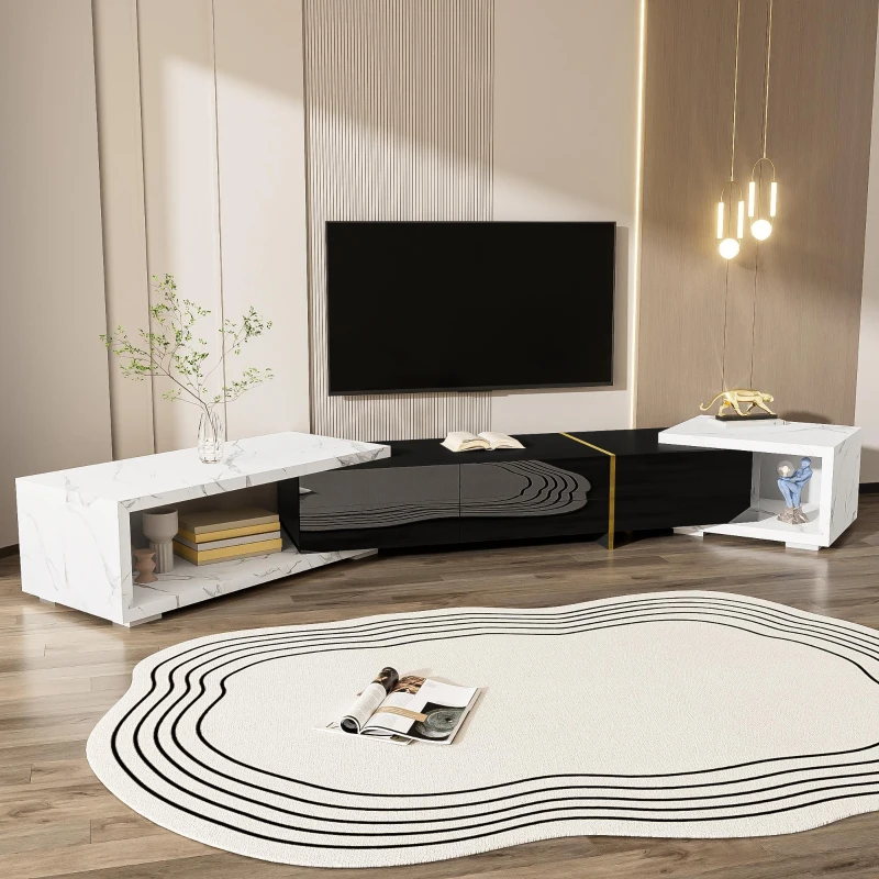 Modern TV Cabinet with Rotatable Design and Generous Storage, Adjustable TV Stand for living spaces, 102.5'' L x 16'' W x 12'' H, Black+White