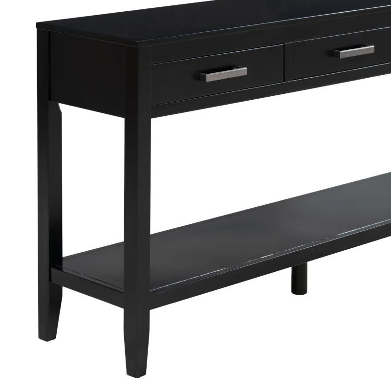 Farmhouse Entryway Table with Wide Top and Open Bottom Shelf, Minimalist Console with Adjustable Feet, 59'' L x 14'' W x 31.5'' H, Black