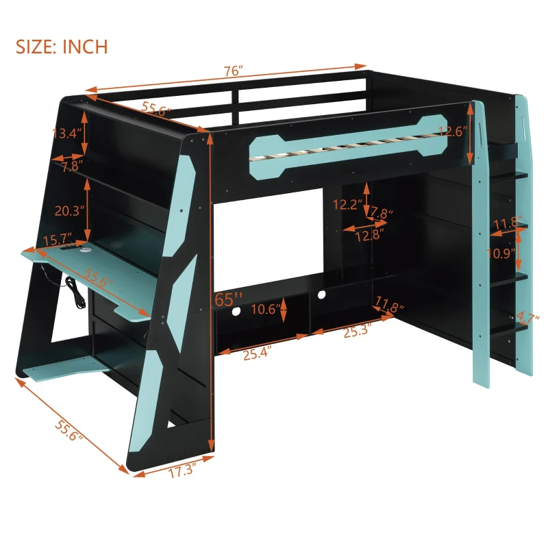 Full Size Wood Loft Bed with Integrated Desk and RGB Lighting, Esports-Style Bed with Multi-Tier Shelves, 93.5'' L x 55.5'' W x 65'' H, Blue