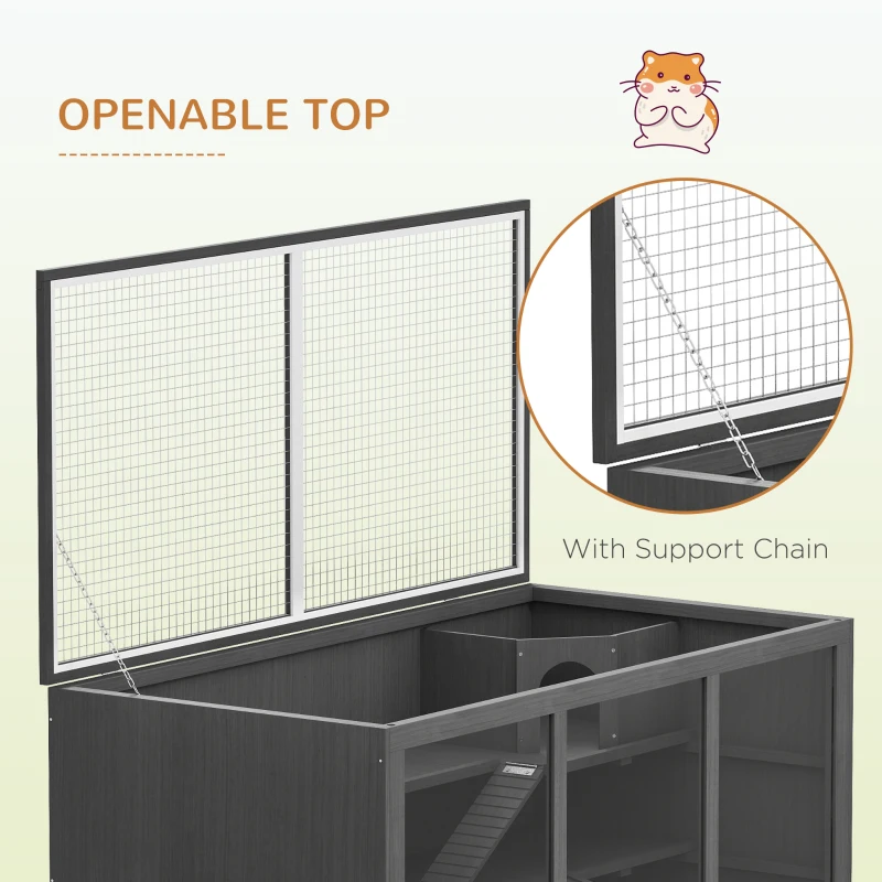 PawHut Extra Large Wooden Hamster Cage with Opening Roof, Hut, Ramps, Gray