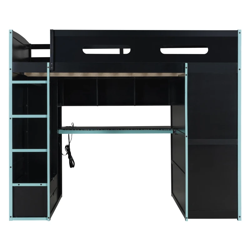 Full Size Wood Loft Bed with USB Port and Ample Storage, Gamer-Inspired Bed Frame with Built-In Desk, 78.5'' L x 56.5'' W x 65'' H, Blue
