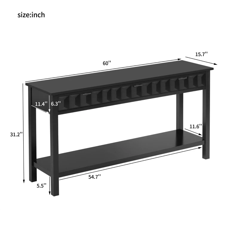 Modern Entryway Table with Bottom Open Shelf and Iron Handles, Multi-Functional Console with Wide Surface, 60'' L x 15.5'' W x 31'' H, Black