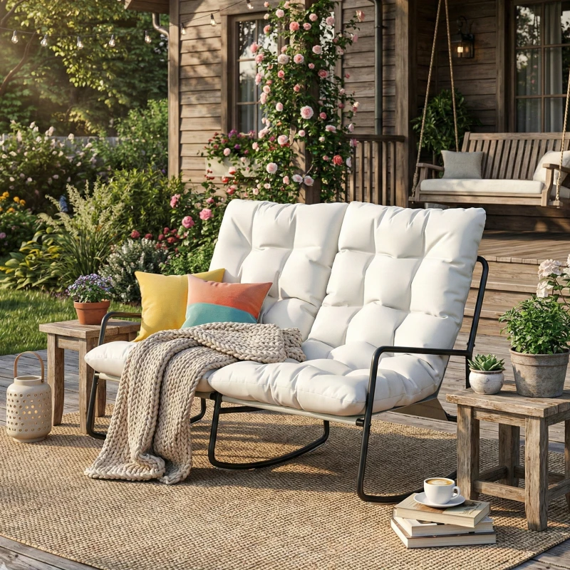 Outsunny 2-Person Outdoor Rocking Chair, Rocking Outdoor Bench with Cushions and Mesh Seat, 528 LBS Capacity, Light Grey