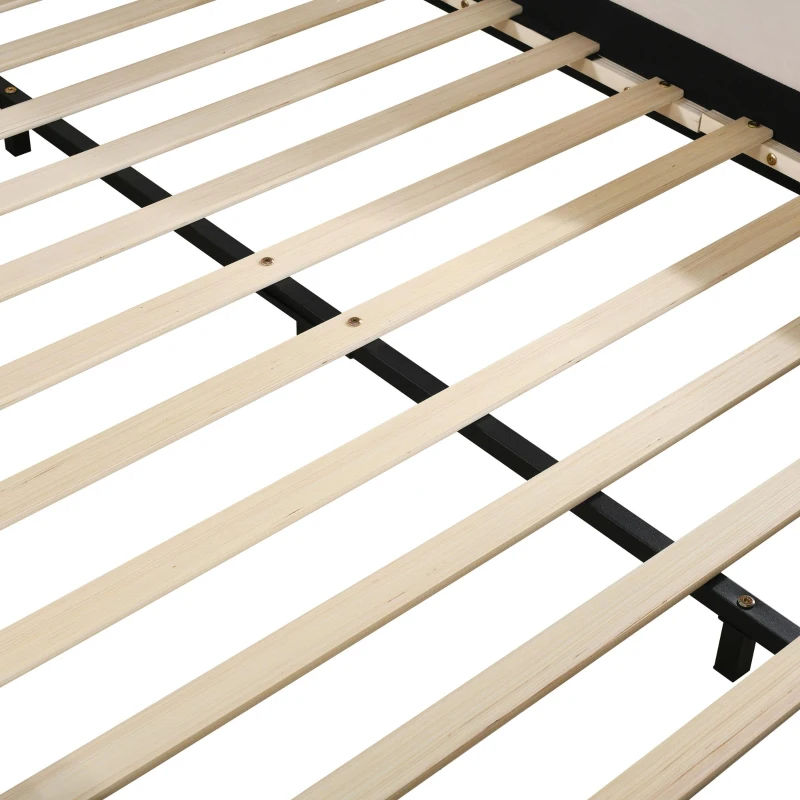 Full Size Upholstered Platform Bed with Built-In Bedside Desk and Round Stool, Solid Bedboard for Families, 80'' L x 68'' W x 29'' H, Beige