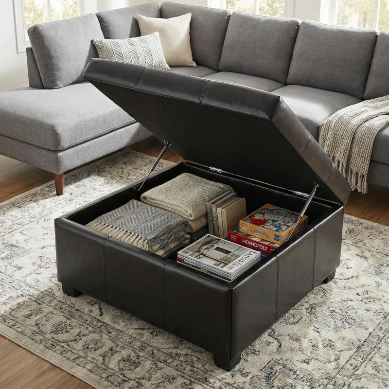 Large Ottoman with Upholstered PU Leather and High‑Density Foam, Modern Coffee Table with Storage, 34'' L x 34'' W x 18.5'' H, Chocolate