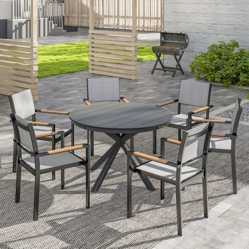 Outsunny 46.5" Outdoor Dining Table for 6, Round Picnic Table with Slatted Top for Balcony, Porch, Black