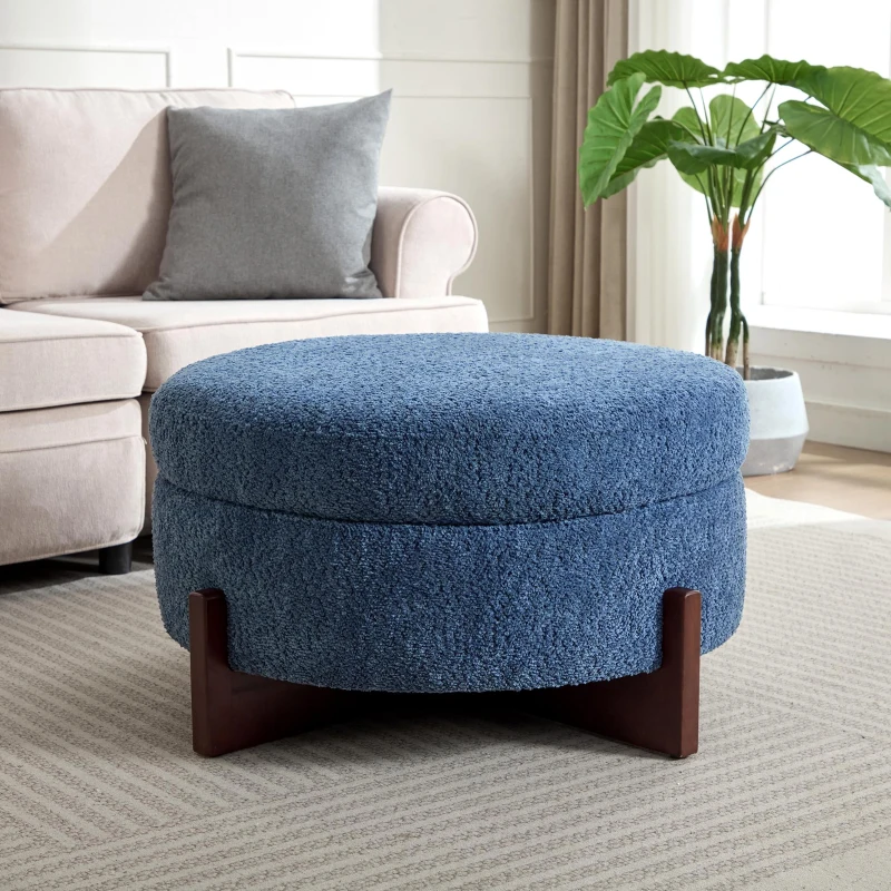 Round Tufted Ottoman with Upholstered Top and Solid Wood Legs, Versatile Coffee Table with Hidden Storage, 32'' L x 32'' W x 18'' H, Blue