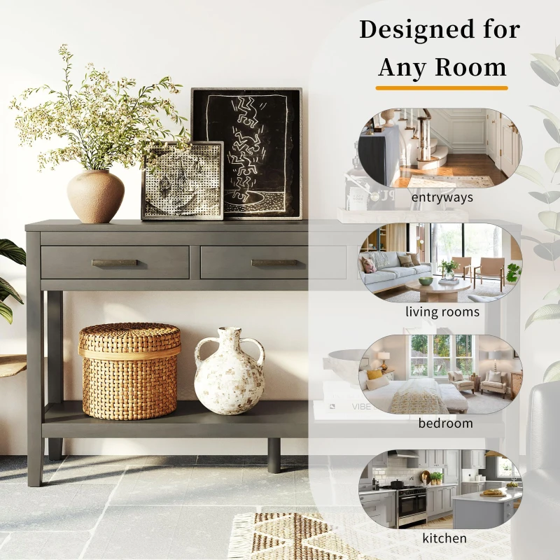 Farmhouse Entryway Table with Wide Top and Open Bottom Shelf, Minimalist Console with Adjustable Feet, 59'' L x 14'' W x 31.5'' H, Gray