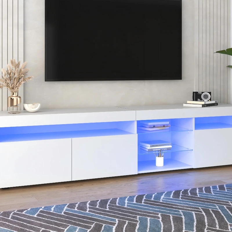 Modern TV Cabinet with 3-Door Storage and Internal Shelves, Elegant Media Console with USB LED Lighting, 71'' L x 13.5'' W x 19'' H, White