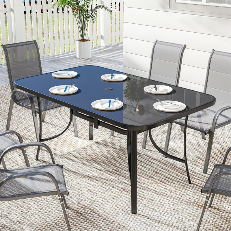 Outsunny Outdoor Dining Table for 6 with Umbrella Hole, Metal Patio Dining Table with Tempered Glass Top