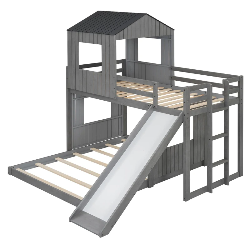 Wooden Twin-Over-Full Bunk Bed with Built-in 3-step Ladder and Guardrails, Playhouse Loft Bed with Slide, 82'' L x 89'' W x 82.5'' H, Antique Gray