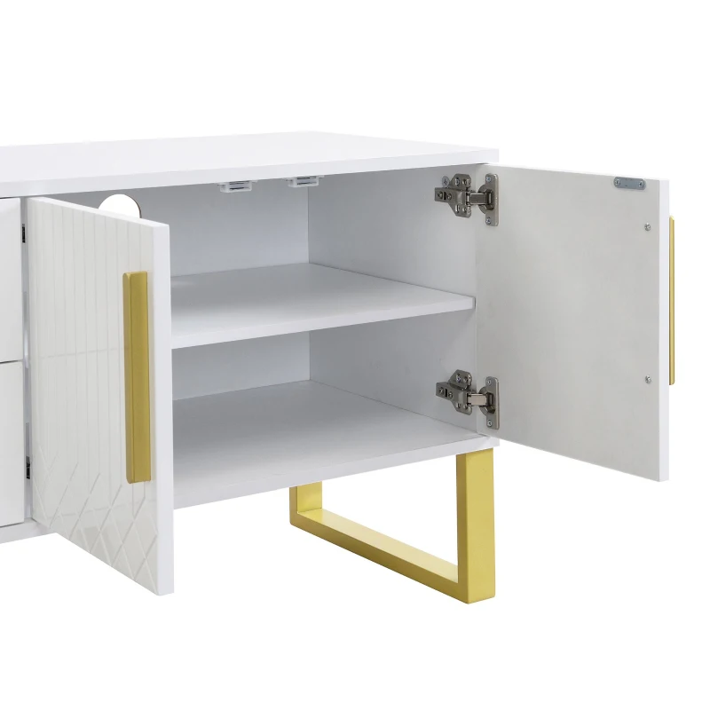 Modern TV Cabinet with Centre Drawers and Internal Shelves, Floor-Standing Console with Cable Management, 67'' L x 15.5'' W x 20.5'' H, White