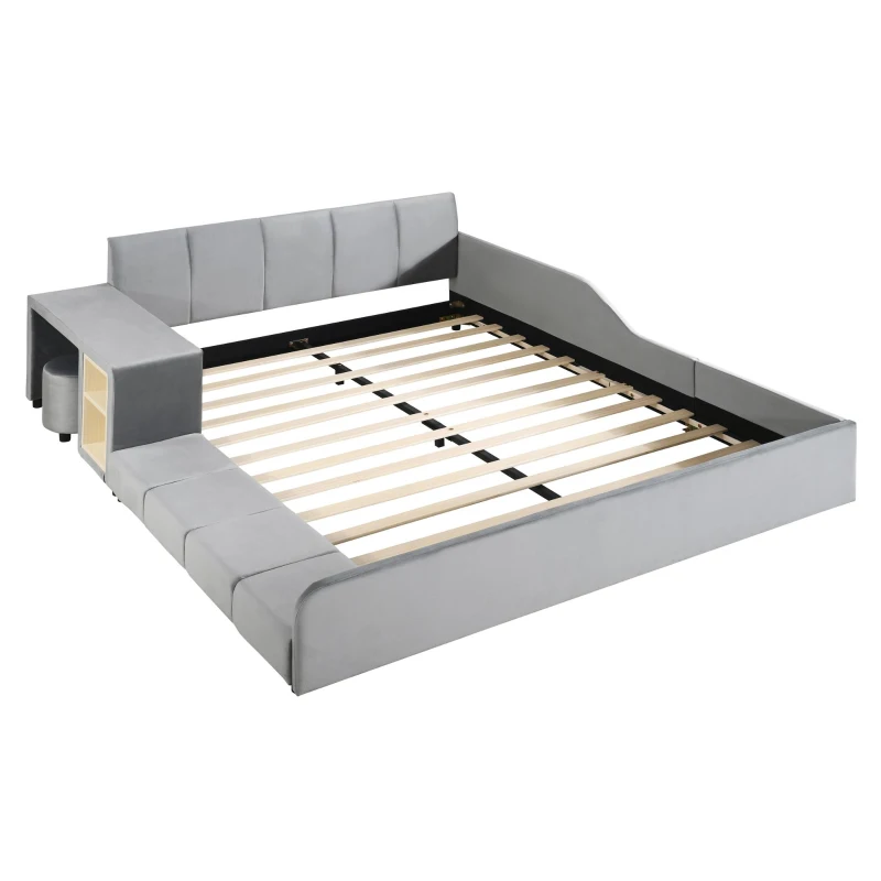 Queen Size Upholstered Bed with Built-In Bedside Desk and Round Stool, Solid Bedboard with Sturdy MDF Frame, 85'' L x 73'' W x 29'' H, Gray