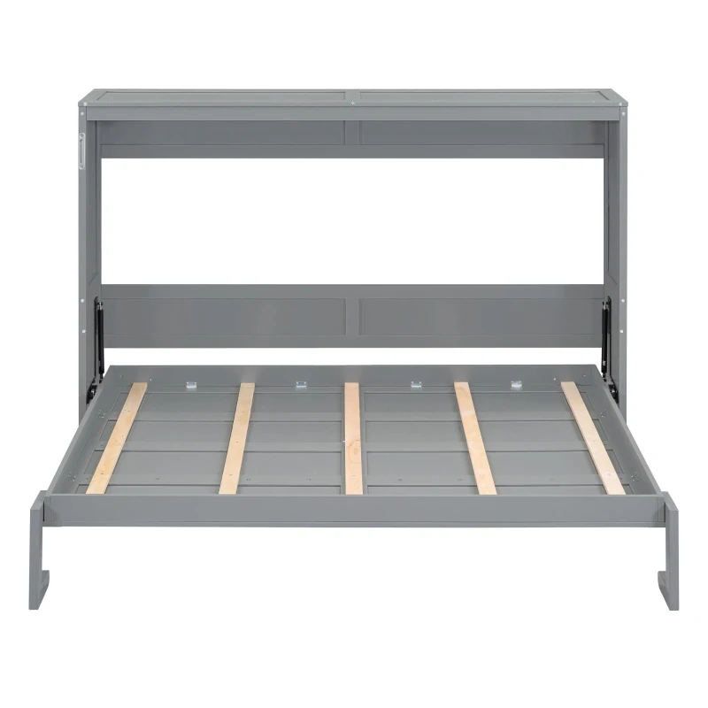 Queen Size Murphy Wall Bed with MDF & Plywood Construction, Fold-Away Cabinet Bed with Flexible Slat Support, 82'' L x 68'' W x 69'' H, Gray