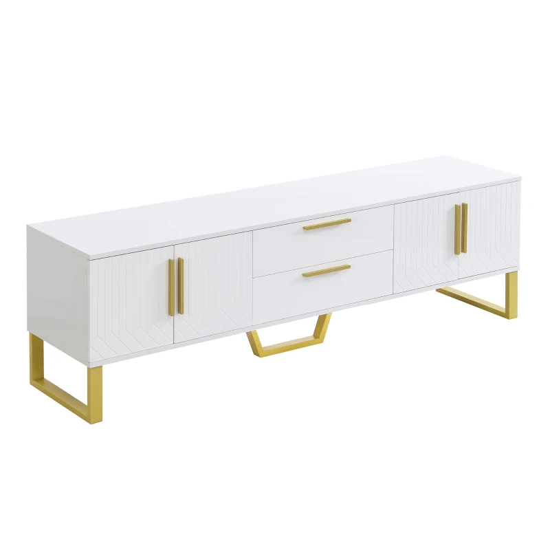 Modern TV Cabinet with Centre Drawers and Internal Shelves, Floor-Standing Console with Cable Management, 67'' L x 15.5'' W x 20.5'' H, White