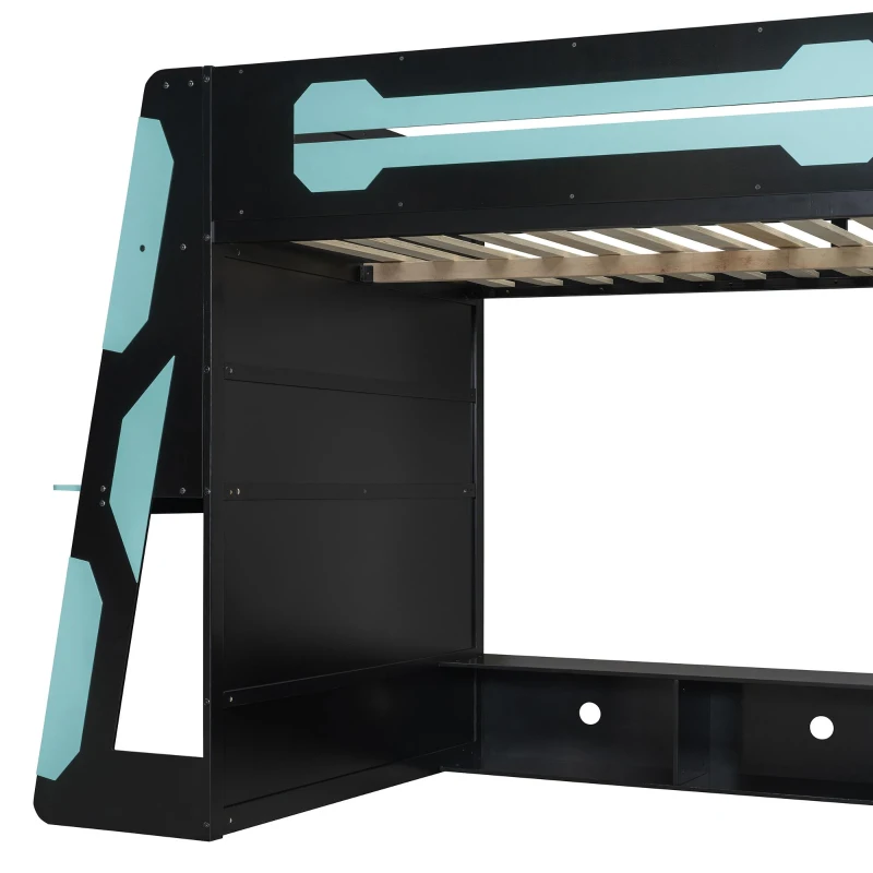 Full Size Wood Loft Bed with Integrated Desk and RGB Lighting, Esports-Style Bed with Multi-Tier Shelves, 93.5'' L x 55.5'' W x 65'' H, Blue