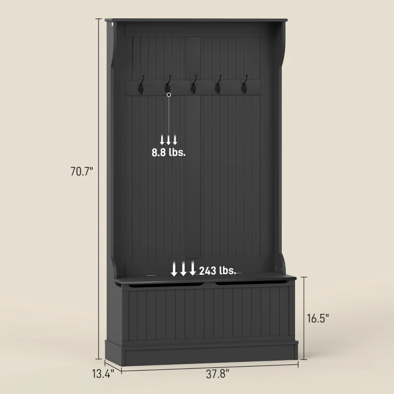 HOMCOM 3-In-1 Entryway Bench with Coat Rack, Hall Tree with Bench and Shoe Storage, 5 Hooks for Hallway Black