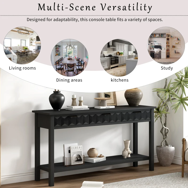 Modern Entryway Table with Bottom Open Shelf and Iron Handles, Multi-Functional Console with Wide Surface, 60'' L x 15.5'' W x 31'' H, Black
