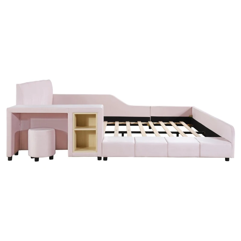 Queen Size Upholstered Platform Bed with Bedside Desk and Round Stool, Low-Profile Bed with Safety Rails, 85'' L x 73'' W x 29'' H, Pink